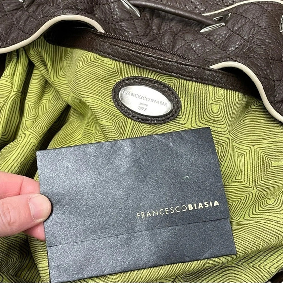 Francesco Biasia Brown 100% Calf Leather Perforated Fringe Bucket Bag Hobo - Picture 11 of 15